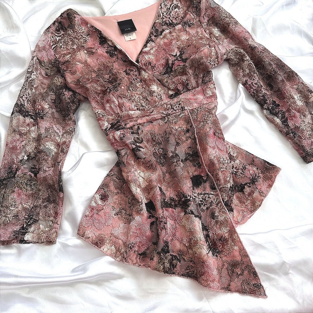 J.T.B. Womens Pink Floral Lace Surplice V-Neck Long Sleeve Blouse Top Small